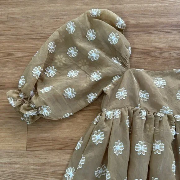 Storia Womens Puff Sleeve Amelia Mini Dress S Tan Floral Spring Babydoll Easter - Picture 3 of 8